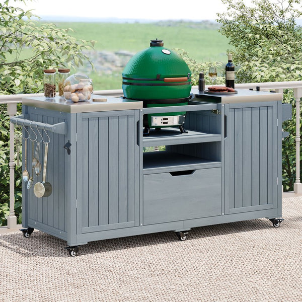 English Elm K&K 66.5" Outdoor Kitchen Island with 1.2" Stainless Steel Top, Ample Storage, Wheels & Bottle Opener Grey+Blue N707P250629G