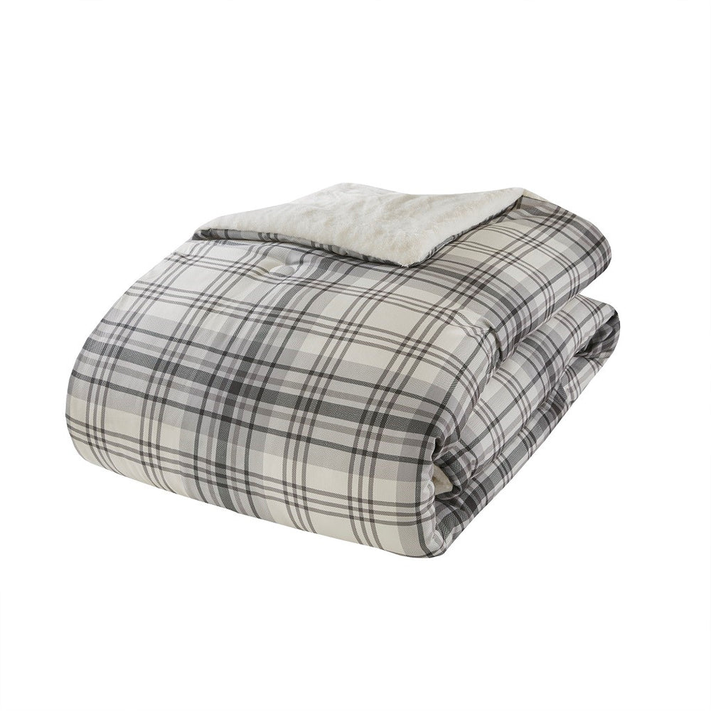 English Elm King/Cal King Bernston Faux Wool to Faux Fur Comforter Set – Plaid Print, Down Alternative, Oeko-Tex B035129374