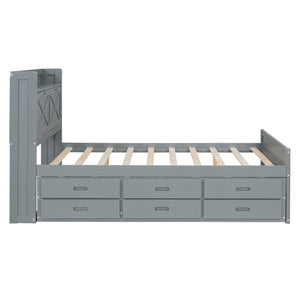 English Elm Full Full Size Wooden Bed with Storage Headboard, Built-In Outlets, Trundle & 3 Drawers for Space-Saving Bedrooms Gray 80.51 L x 17.12 W x 4.57 H N733S172712E