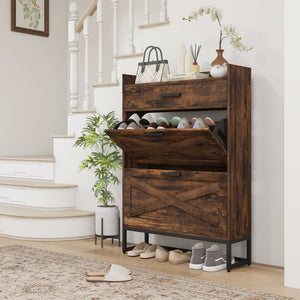 English Elm HOMCOM Rustic Brown Narrow Shoe Cabinet with 2 Flip Doors, Top Drawer & Adjustable Shelves — Slim entryway storage W2225P173977
