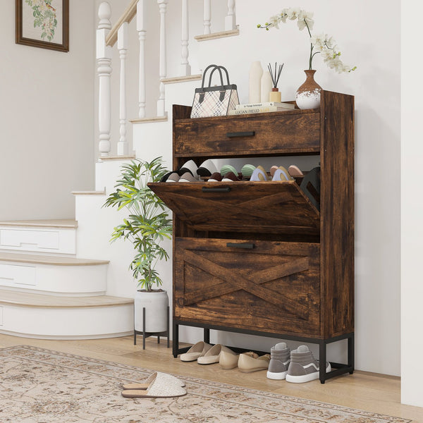 English Elm HOMCOM Rustic Brown Narrow Shoe Cabinet with 2 Flip Doors, Top Drawer & Adjustable Shelves — Slim entryway storage W2225P173977