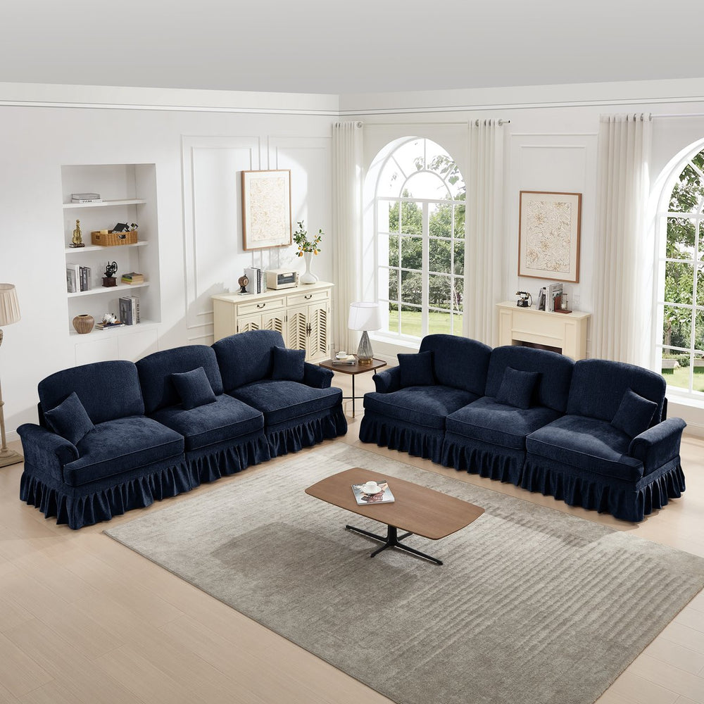 English Elm Classic Modular Sleeper Sofa With Ruffle Skirts, Flared Arms, And Movable Ottomans In Elegant Blue W3041S00259