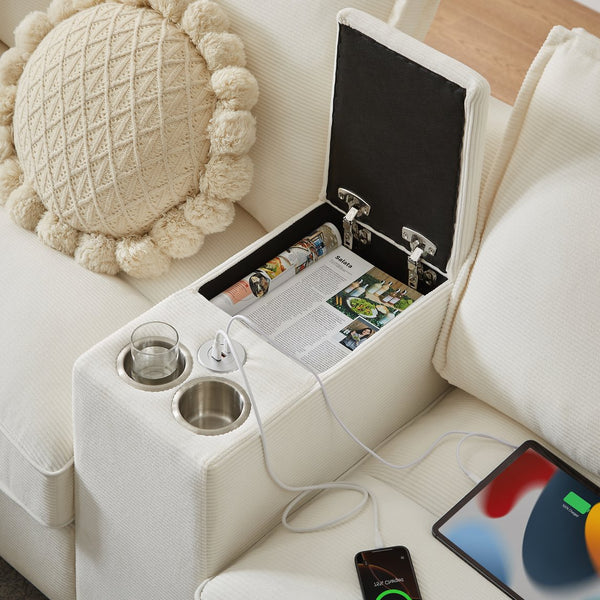 English Elm 120" Modular Corduroy Sectional Sofa Bed with Storage, U-Shaped 4-Seater, Cup Holders & Console Beige W1359S00010