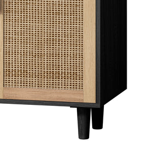 English Elm 62.20"Elegant 4-Door Rattan Storage Cabinet with Solid Wood Legs, Black, Spacious Shelves & Easy Assembly W757P174987