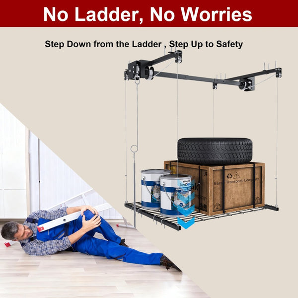 English Elm Overhead Garage Ceiling Rack All Steel Crank Down Platform 250 Lb Locking Hoist W2700P346225