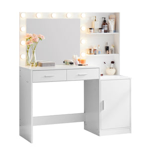 English Elm Vanity 46.4IN Dressing Table with LED Mirror Lights, 2 Spacious Drawers & Vertical Organizer, Eco-Friendly Surface and Adjustable Brightness for Bedroom Use White W2386P200041