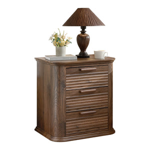 English Elm 22" Fluted Wood Nightstand with Built-in Charging Station Three Drawer Bedside Storage T5326P431148