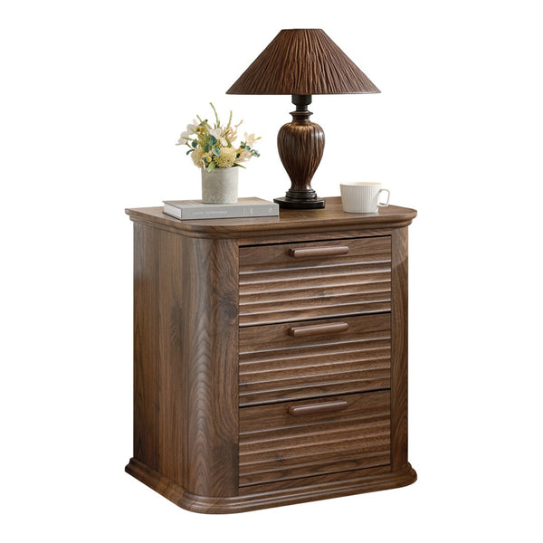 English Elm 22" Fluted Wood Nightstand with Built-in Charging Station Three Drawer Bedside Storage T5326P431148