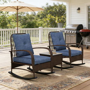 English Elm Balcony Wicker Rocking Chair Set Pe Rattan Bistro Seating with Tufted Cushions T3971P446005