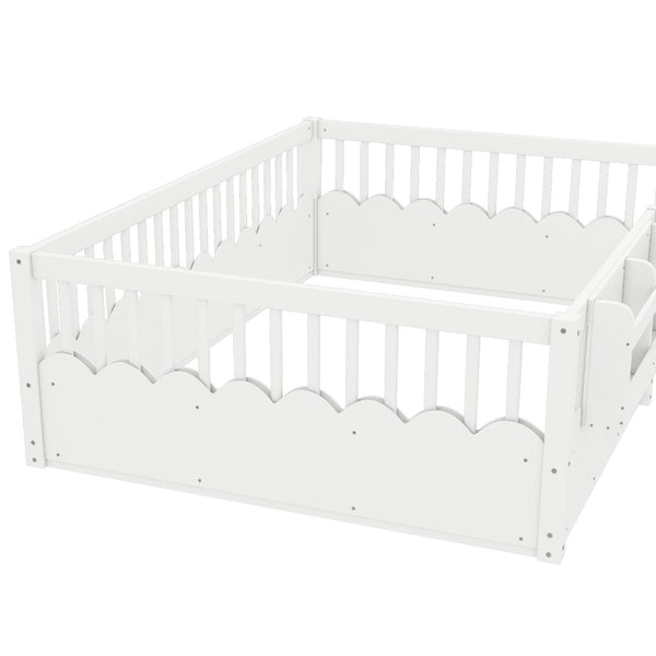 English Elm Twin Low Profile Kids Floor Bed Pine Wood Frame with Safety Rail and Built in Bookshelf White W1580P373138
