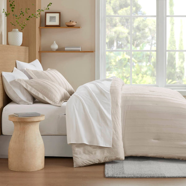 English Elm 7-piece Woven Stripe Full Comforter Set Neutral Polyester Bedding for Any Room Neutral B035P463206