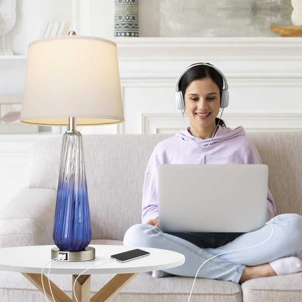 English Elm Table Lamps Set of 2 Purple Glass with Touch Control, 3-Level Dimmable Nightstand Lamps, USB A+C_ports W3355P337837