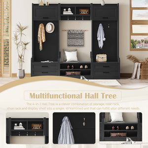 English Elm 4-in-1 Hall Tree with Bench, 7 Hooks, 2 Cabinets & 4 Drawers for Entryway Storage and Seating Black W1580S00089