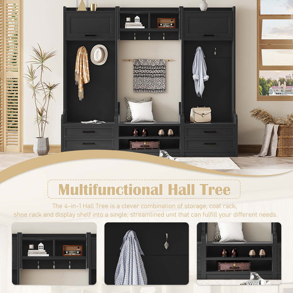 English Elm 4-in-1 Hall Tree with Bench, 7 Hooks, 2 Cabinets & 4 Drawers for Entryway Storage and Seating Black W1580S00089