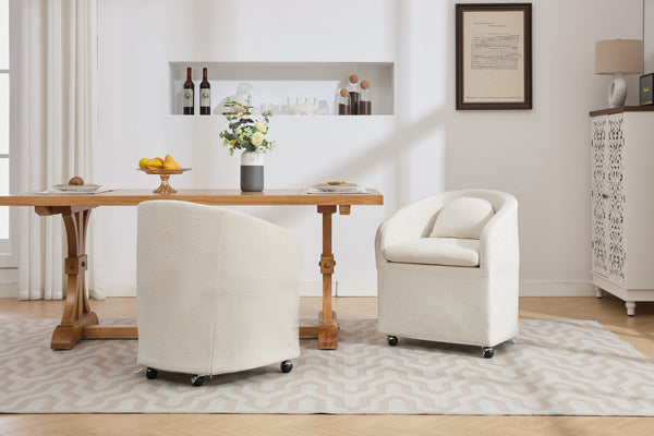 English Elm 059-Set Chenille Fabric Dining Armchair with Ergonomic Back Cushion, 360° Swivel & Smooth Wheels, Upholstered Comfort for Indoor Spaces Beige W527P242555