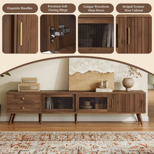 English Elm 76" Wood Grain Media Console with Glass Doors Deep Drawers and Living Room Storage N710P397467P