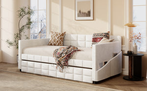 English Elm Modern Velvet Twin Daybed with Pull Out Trundle and Built in Armrest Storage Pockets Beige SF000200AAA