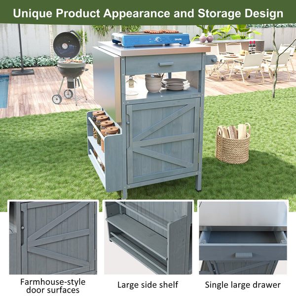 English Elm K&K 40.5" Outdoor Grill Cart with 201 Stainless Top, Solid Fir Storage, Drop Leaf & Lockable Wheels Blue+Grey N707P228272G