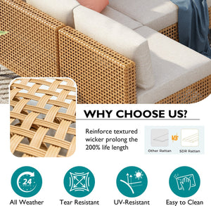 English Elm K&K 8-Piece Patio Conversation Set with 43" 60,000 BTU Propane Fire Pit, UV Wicker & Thick Cushions Beige,Orange N707S000012Z