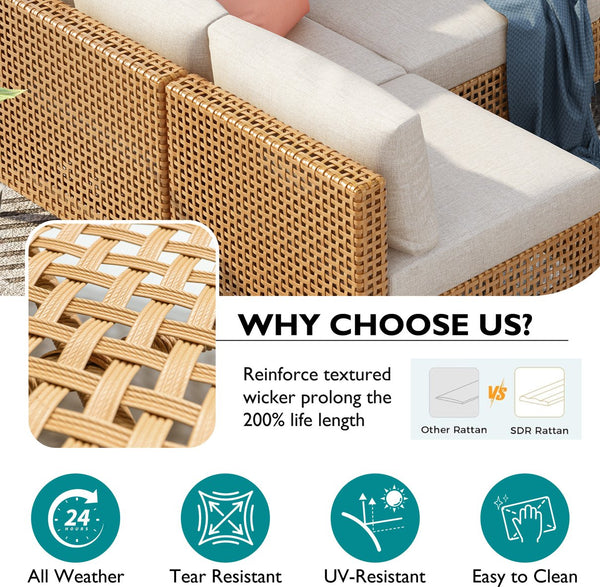 English Elm K&K 8-Piece Patio Conversation Set with 43" 60,000 BTU Propane Fire Pit, UV Wicker & Thick Cushions Beige,Orange N707S000012Z