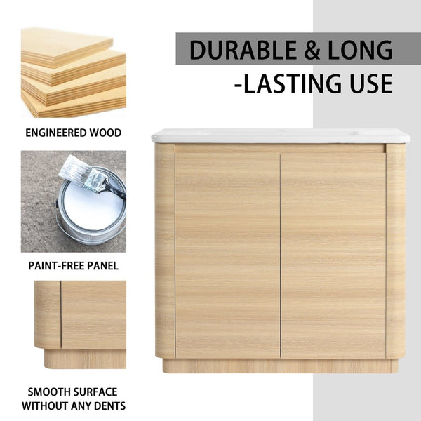 English Elm 36'' Freestanding Bathroom Vanity Plywood Cabinet Ceramic Sink Soft Close Doors W999P351893