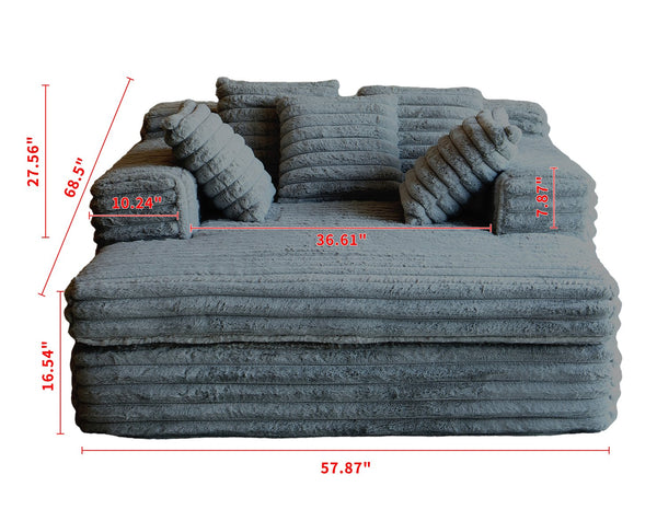 English Elm Chaise Plush Corduroy Lounge Chair Bed with Armrests & Throw Pillows, Oversized 57" Comfort Seat DARK GREY W3191S00007