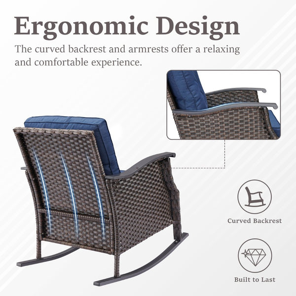 English Elm Outdoor Pe Rattan Gliding Patio Chair Set Handwoven Steel Frame with Plush Cushions Blue T3773S00018