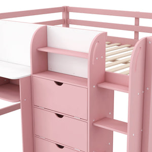 English Elm Full Size Low Loft Bed With Desk, Storage, Bookcase & Fun Whiteboard For Kids - Pink Design N7090005005H