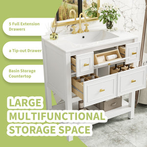 English Elm 30'' Bathroom Vanity with Ceramic Sink, Solid Wood Frame Freestanding Cabinet with 5 Drawers, Gold Knobs and Smooth Slide Rails White N710P247488K