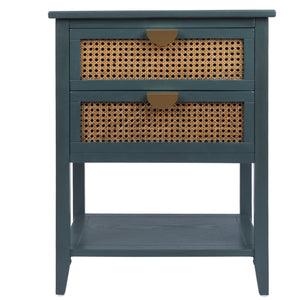 English Elm 2 Elegant Rattan Side Table with Solid Wood Veneer, Semi-Circular Metal Handle, Bedroom Accent Piece Green W68858072