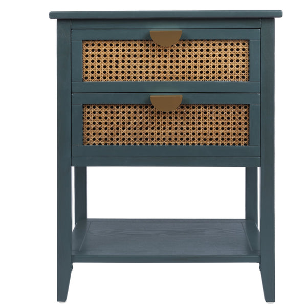 English Elm 2 Elegant Rattan Side Table with Solid Wood Veneer, Semi-Circular Metal Handle, Bedroom Accent Piece Green W68858072