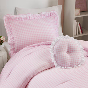 English Elm 3-piece Cottage Gingham Comforter Set with Ruffle Trim and Round Throw Pillow Pink B035P463187