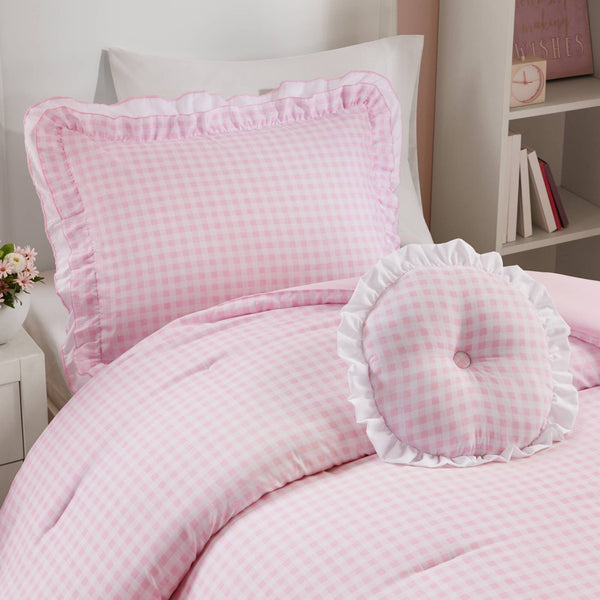 English Elm 3-piece Cottage Gingham Comforter Set with Ruffle Trim and Round Throw Pillow Pink B035P463187
