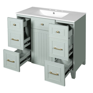 English Elm 36" Green Bathroom Vanity with Ceramic Sink, Gold Handles, Soft-Close Drawers & Adjustable Shelf N729P257304F