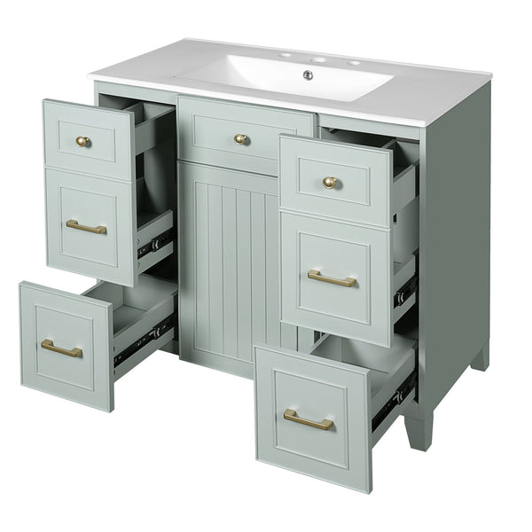 English Elm 36" Green Bathroom Vanity with Ceramic Sink, Gold Handles, Soft-Close Drawers & Adjustable Shelf N729P257304F