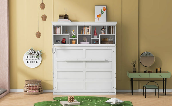English Elm Queen Murphy Wall Bed Cabinet with Integrated Shelves Usb Charging Space Saving Design White LP006668AAK-1