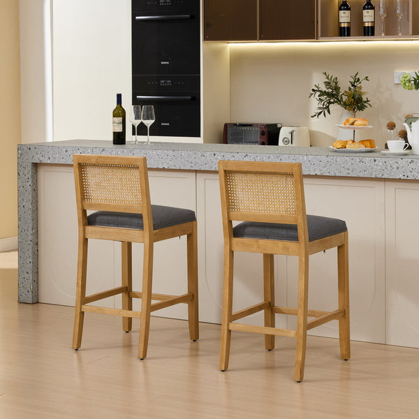 English Elm Full Solid Wood Rattan-Back Bar Stool Set Of 2 - Gray Matte Linen Cushion For Rustic Kitchen & Café W1143P384366
