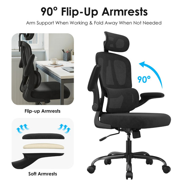 English Elm Ergonomic Mesh High Back Desk Chair with Lumbar Support Flip up Arms and Headrest Black T3623P434266