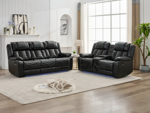 English Elm Ms Two Piece Manual Reclining Sofa Set Faux Leather Led Ambient Living Room Black W1805S00176