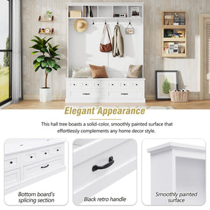 English Elm ON-TREND Elegant Wide Hall Tree with Lift-Top Storage Bench, 5 Hooks, 2 Drawers, Retro Handles, 59" W White N721P234409K