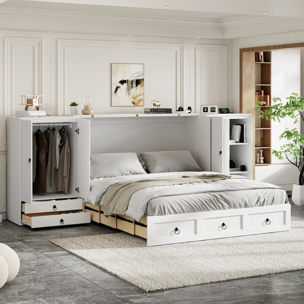 English Elm Queen Murphy Bed with Wardrobe Cabinets Built-in Usb Charging and Concealed Drawers White LP000590AAK