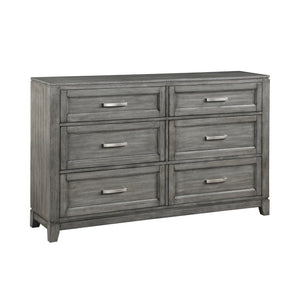 English Elm Gray Okume Veneer Six Drawer Wide Dresser with Nickel Pulls for Primary Bedroom B011P272290
