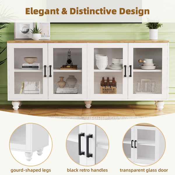 English Elm ON-TREND Farmhouse TV Stand 63" with Tempered Glass Doors, Adjustable Shelves, Solid Wood Legs, Elegant Storage White+Natural N721P206052K