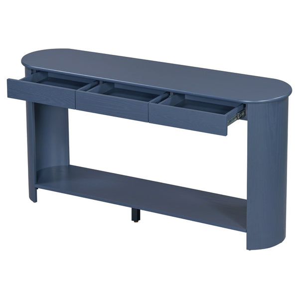 English Elm U_style Oak Veneer Console Table with 3 Drawers Open Shelf Entryway Hallway Storage Navy Blue N711P395523C