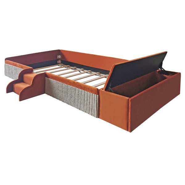 English Elm Twin Velvet Kids Daybed with Built-in Stairs Padded Guardrails and Gas Lift Storage Brown+White SF000201AAD
