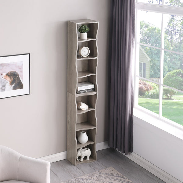 English Elm 8-layer ultra-thin 8-tier tall bookshelf with wavy edge design, space-saving display shelf for home office Gray W487P339354