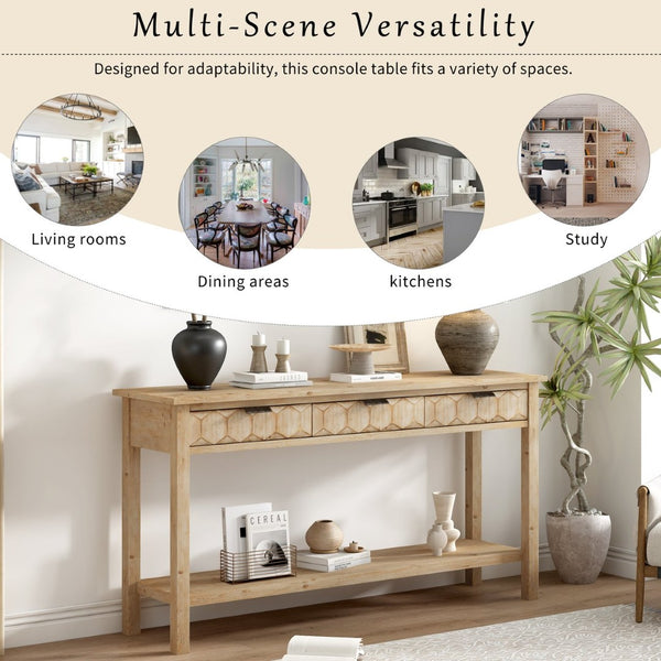 English Elm U_Style 60" Modern Fir Veneer Entryway Table With Honeycomb Drawers & Solid Legs For Versatile Style N711P230811O-GIGA