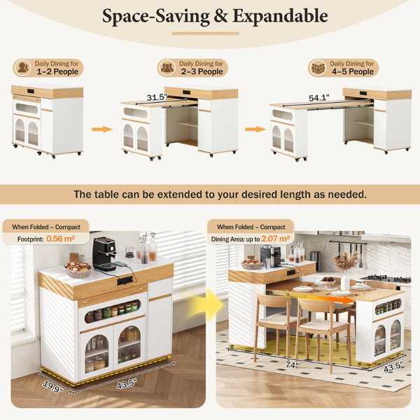 English Elm Trexm Rolling Kitchen Island Extendable Marble Top Cabinet Drawers Power Outlet Creamy White,Natural XW000029AAN