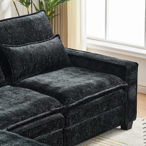 English Elm 99'' Sectional Cloud Deep Seat Couch - Plush Chenille 4-Seat L-Shaped Sofa with Movable Ottoman, Stain-Resistant Comfort and Ergonomic Lumbar Support Black W3373S00024
