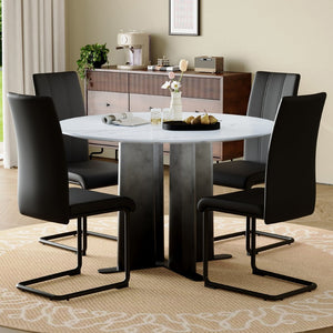 English Elm Modern Round Faux Marble Dining Set with Gradient Pedestal and Four Pu Leather Chairs W3875S00070